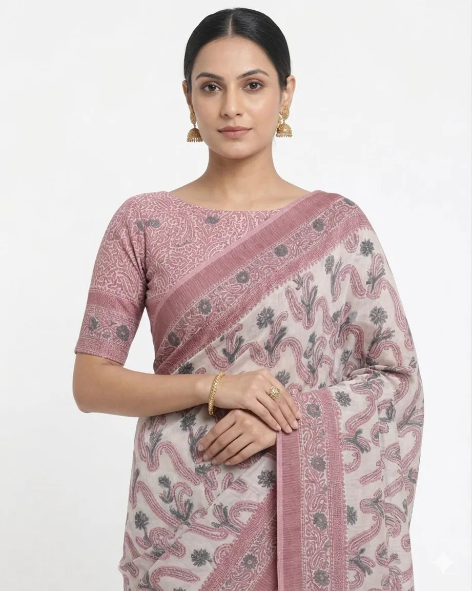 Women Off-White & Pink  Printed Silk Blend Saree