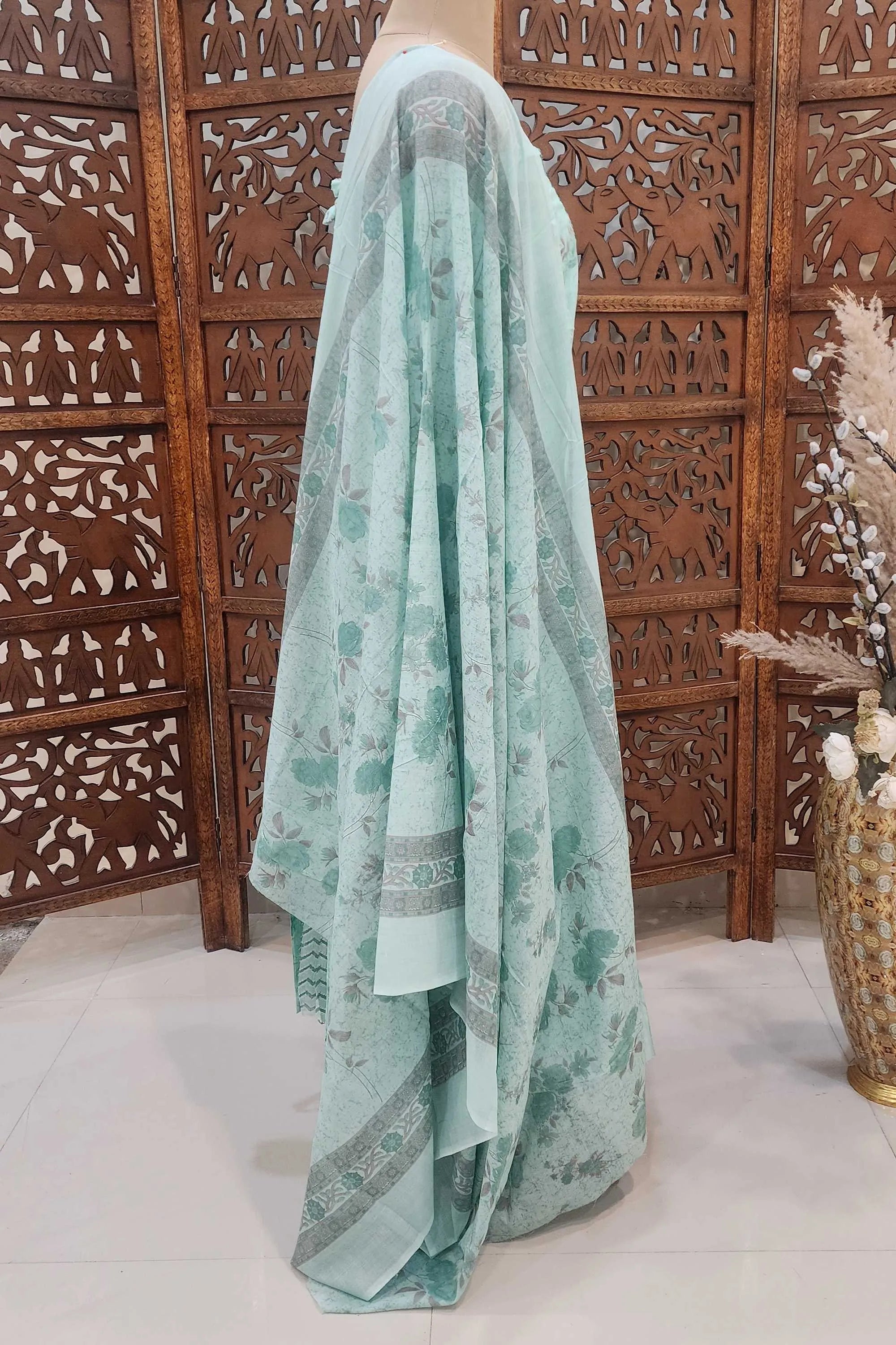 Sea Green & Sage Floral Printed Unstitched Cotton Dress Material with Embroidered Neckline