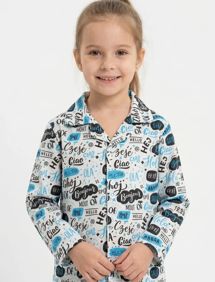 Girls Satin "Hello" Multilingual Print Night Suit