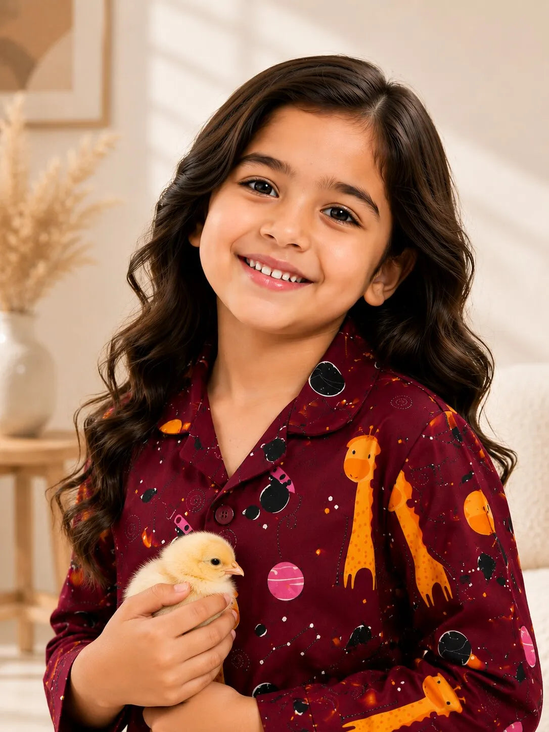 Kids Girls  Maroon & Yellow Printed Pure Cotton Night Suit