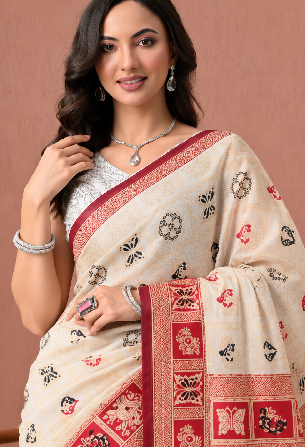 Off-White Printed Saree with Red Traditional Border & Designer Pallu