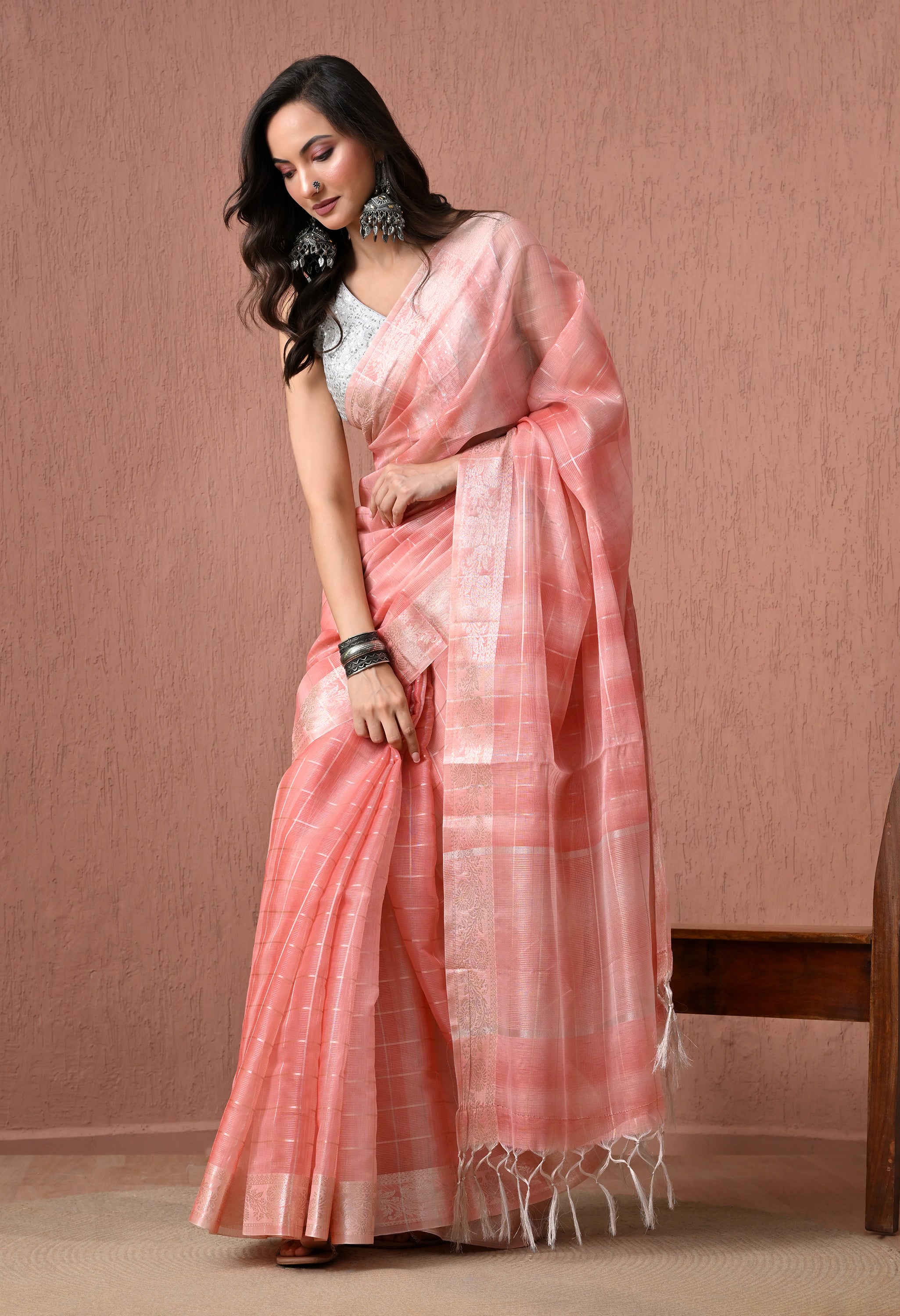 Elegant Peach Pure Cotton Saree with Zari Border and Checks