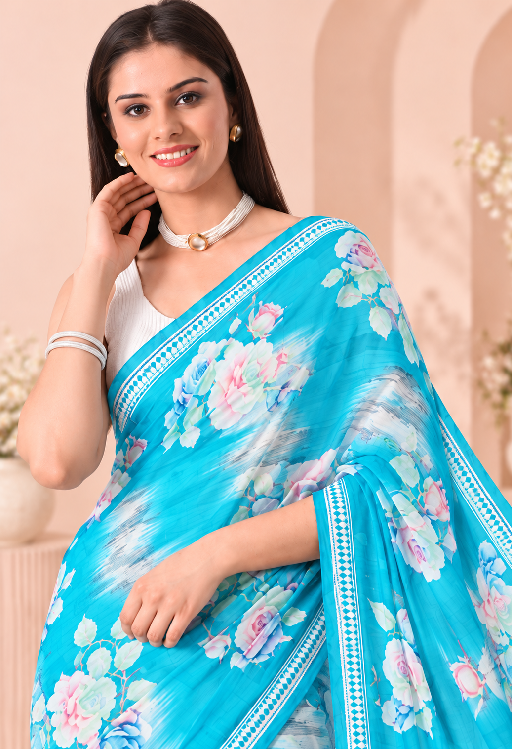 Elegant Green Silk blend Saree with Floral Print