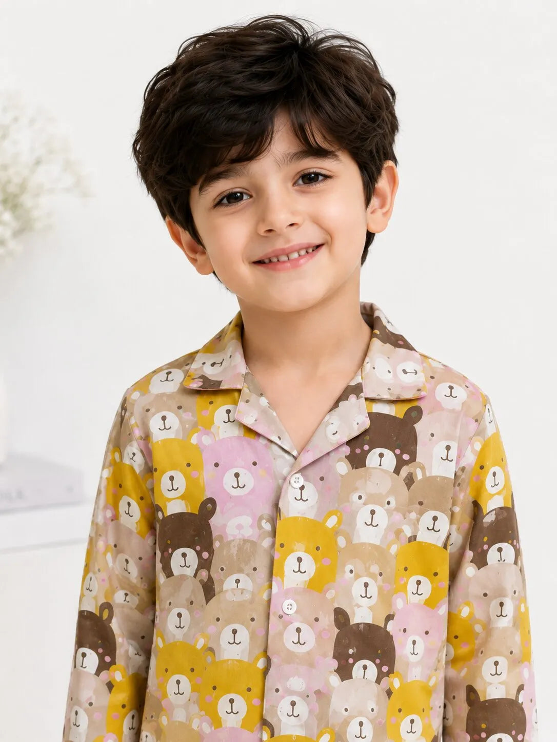Kids Boys Full Sleeve Collared Pure Cotton Night Suit