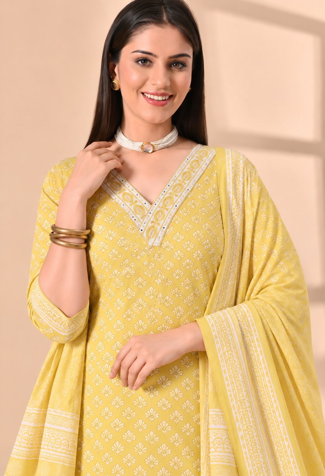 Yellow Cotton Printed Straight Suit Set with Matching Cotton Dupatta
