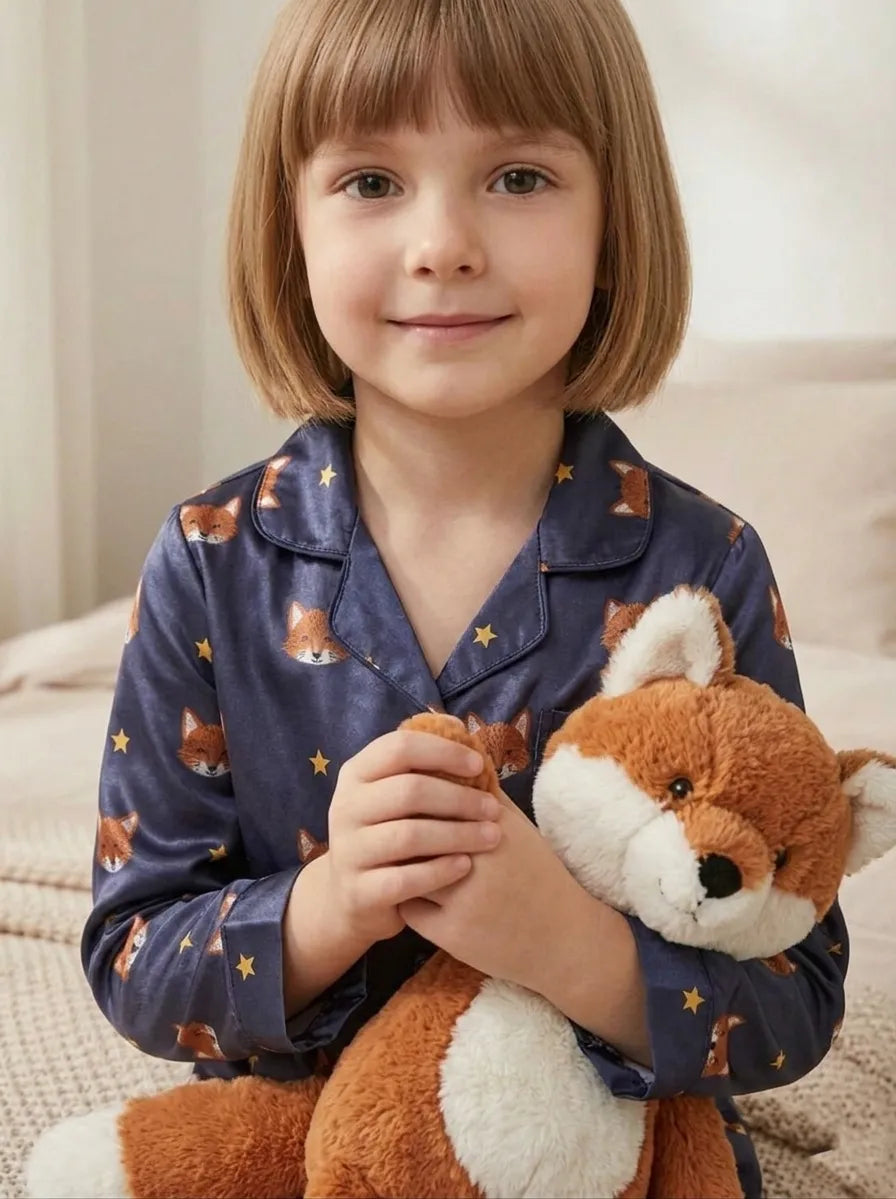 Kids Navy Blue Fox Print Satin Pajama Set