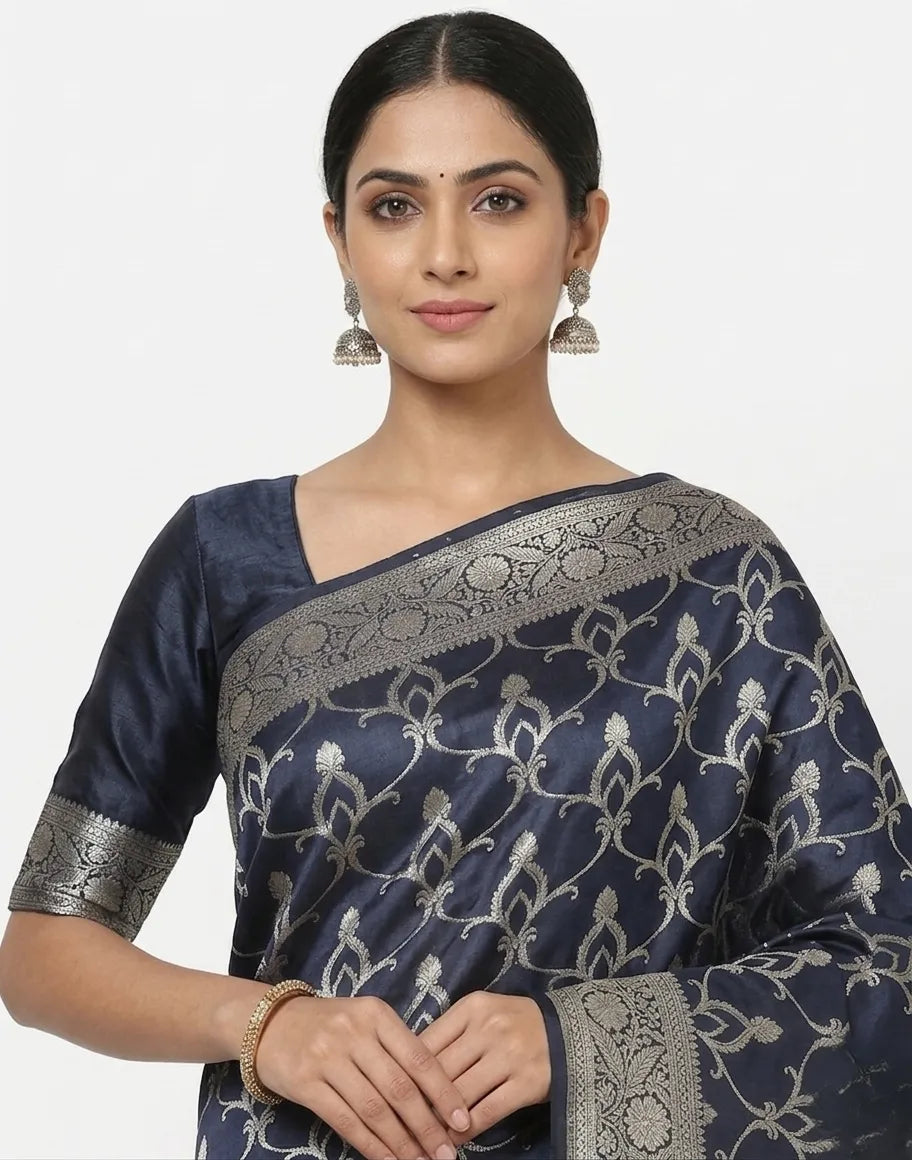 Navy Blue & Silver-Toned Silk Woven Design Banarasi Saree