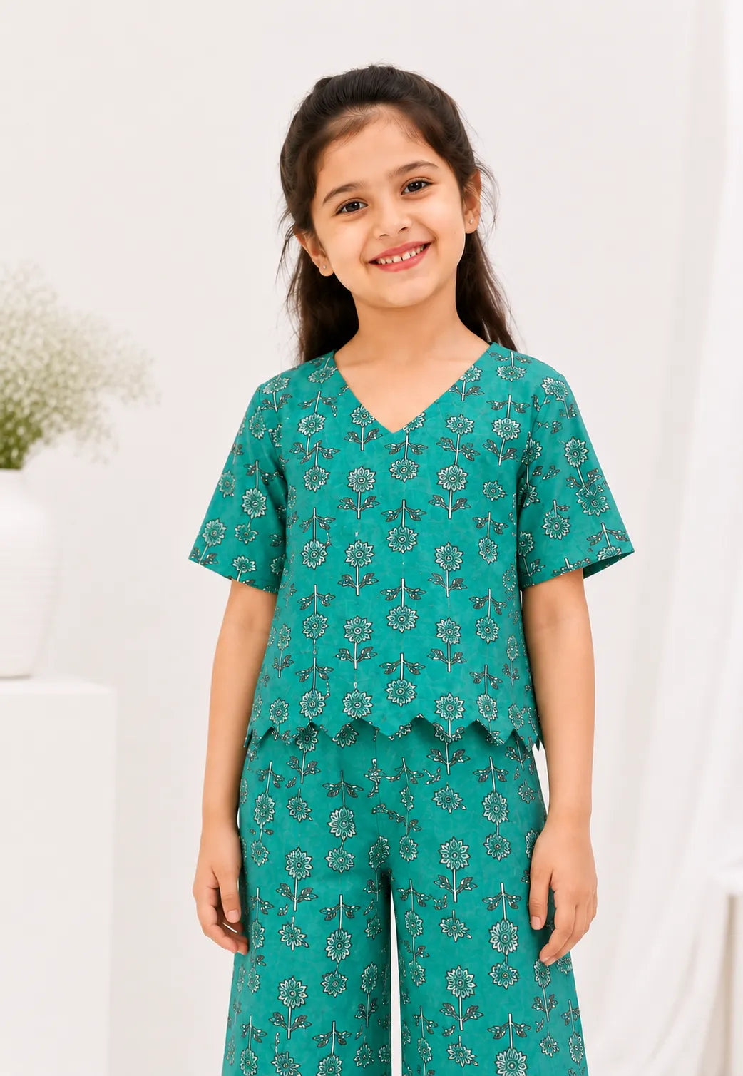 Girls Teal Green Floral Printed Co-ord Set - Scallop Hem V-Neck Top & Wide-Leg Trousers