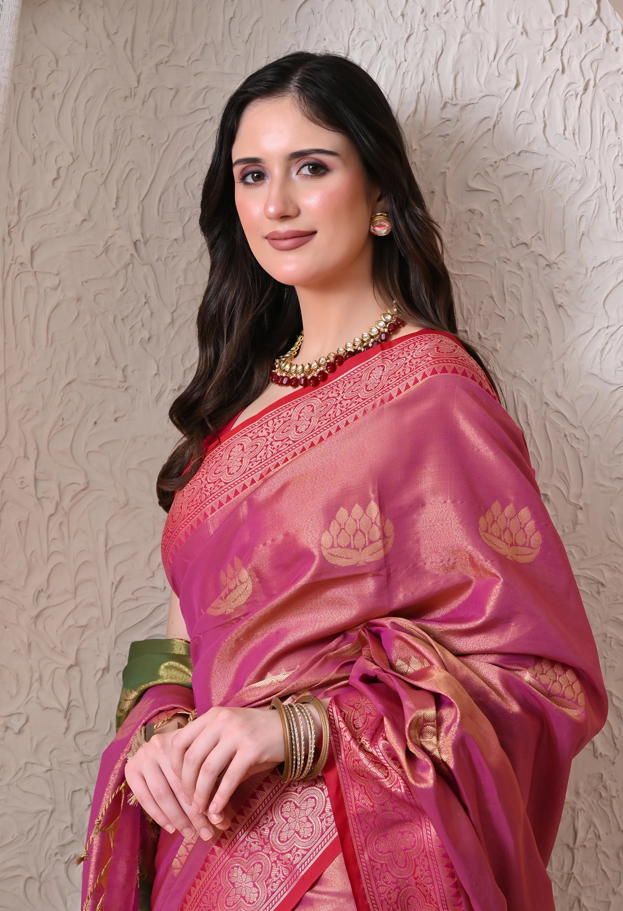 Rani Pink Silk Blend Saree with Gold Lotus Motifs and Contrast Olive Pallu