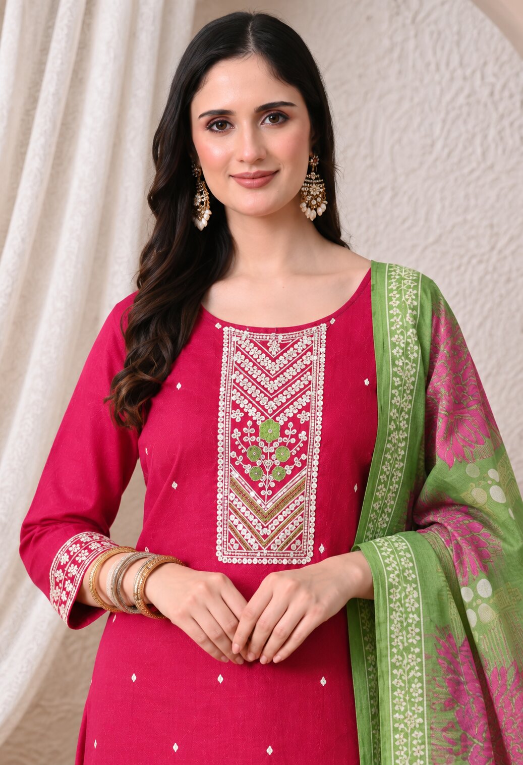 Magenta Pink Chanderi Silk Embroidered Suit Set with Organza Dupatta