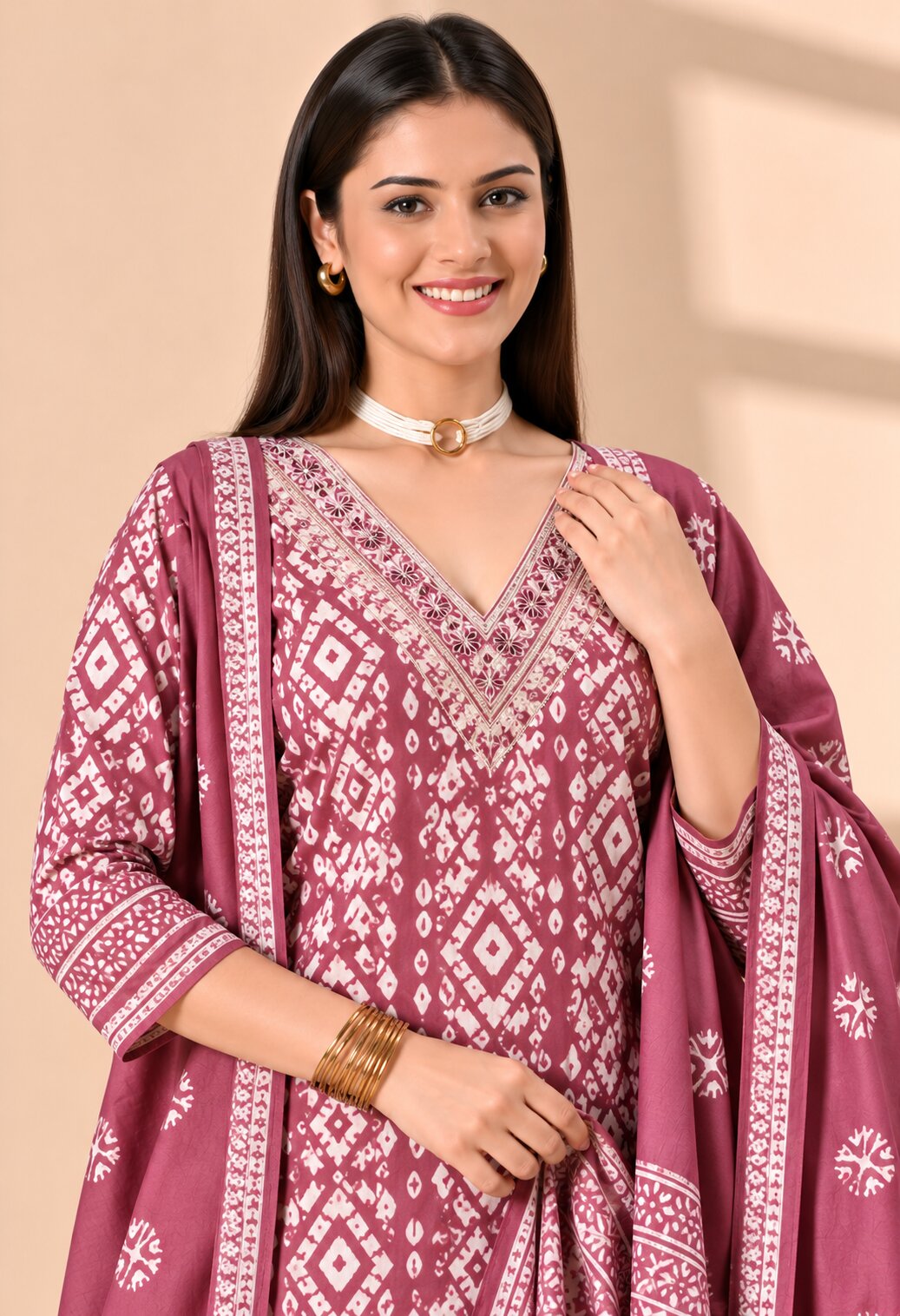 Mauve Pink Cotton Printed Suit Set with Matching Cotton Dupatta for Women