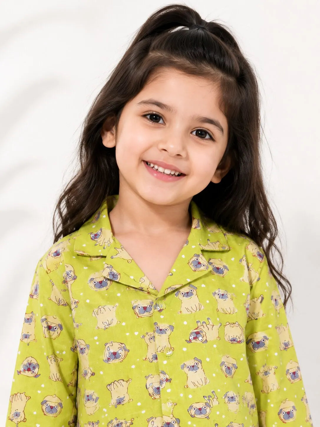 Girls' Lime Green Pug Print Pure Cotton Night Suit