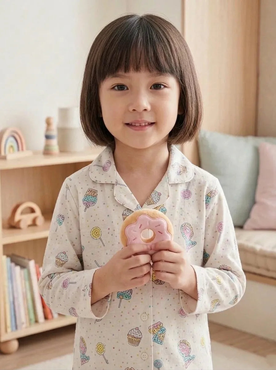 Kids White & Multi-Coloured Printed Satin Night Suit