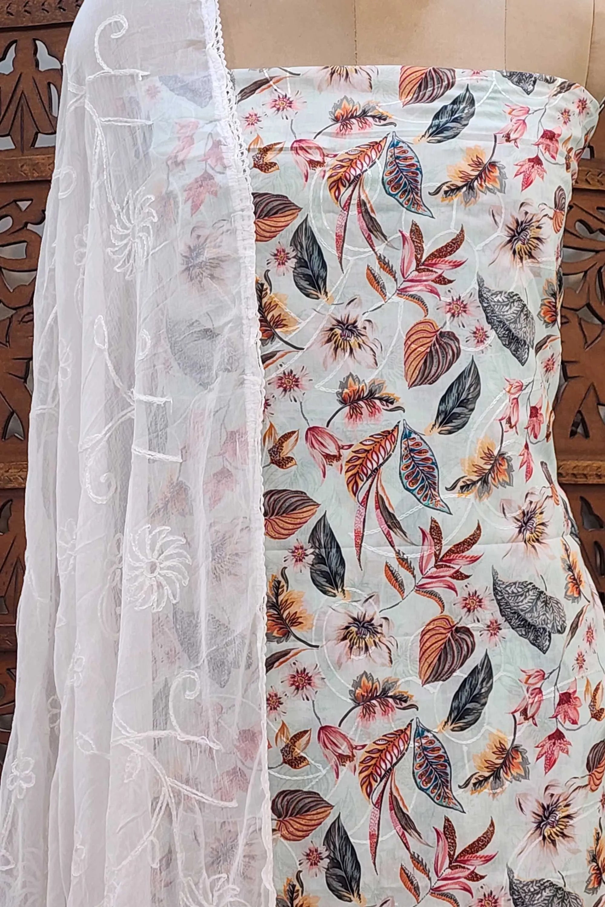Floral Harmony Printed Cotton Blend Unstitched Dress Material with Embroidered Dupatta