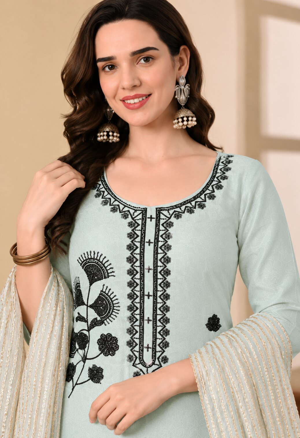 Mint Green Chanderi Silk Embroidered Suit Set with Dupatta