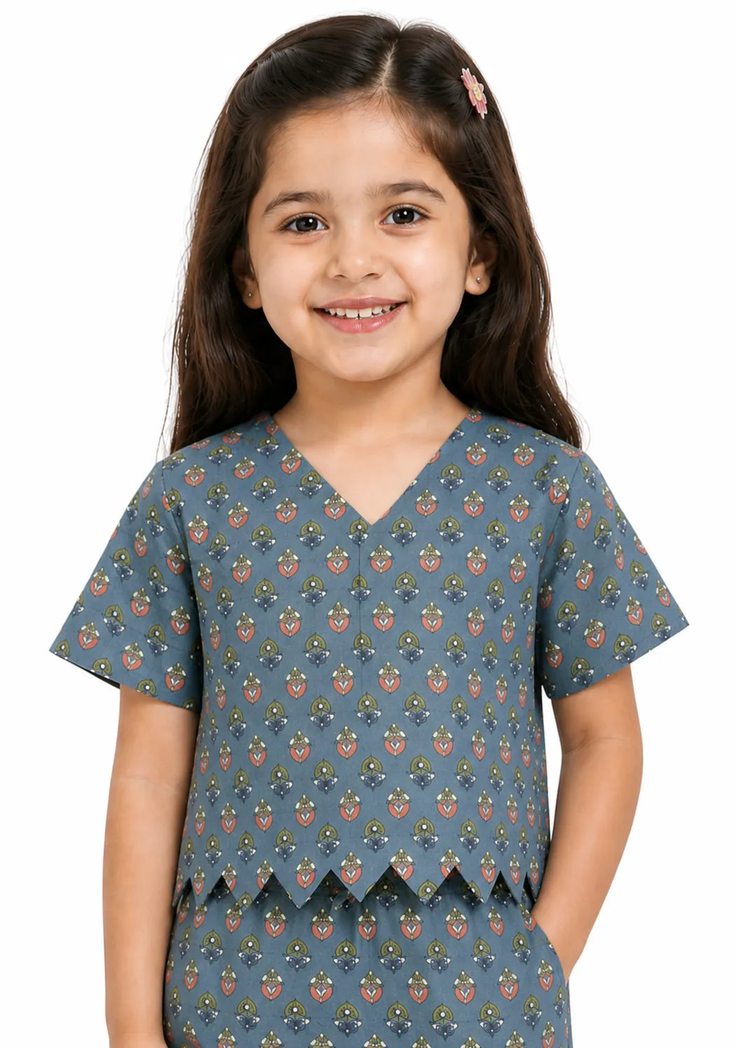 Girls Blue Floral Printed Pure Cotton Scalloped Hem Co-ord Set