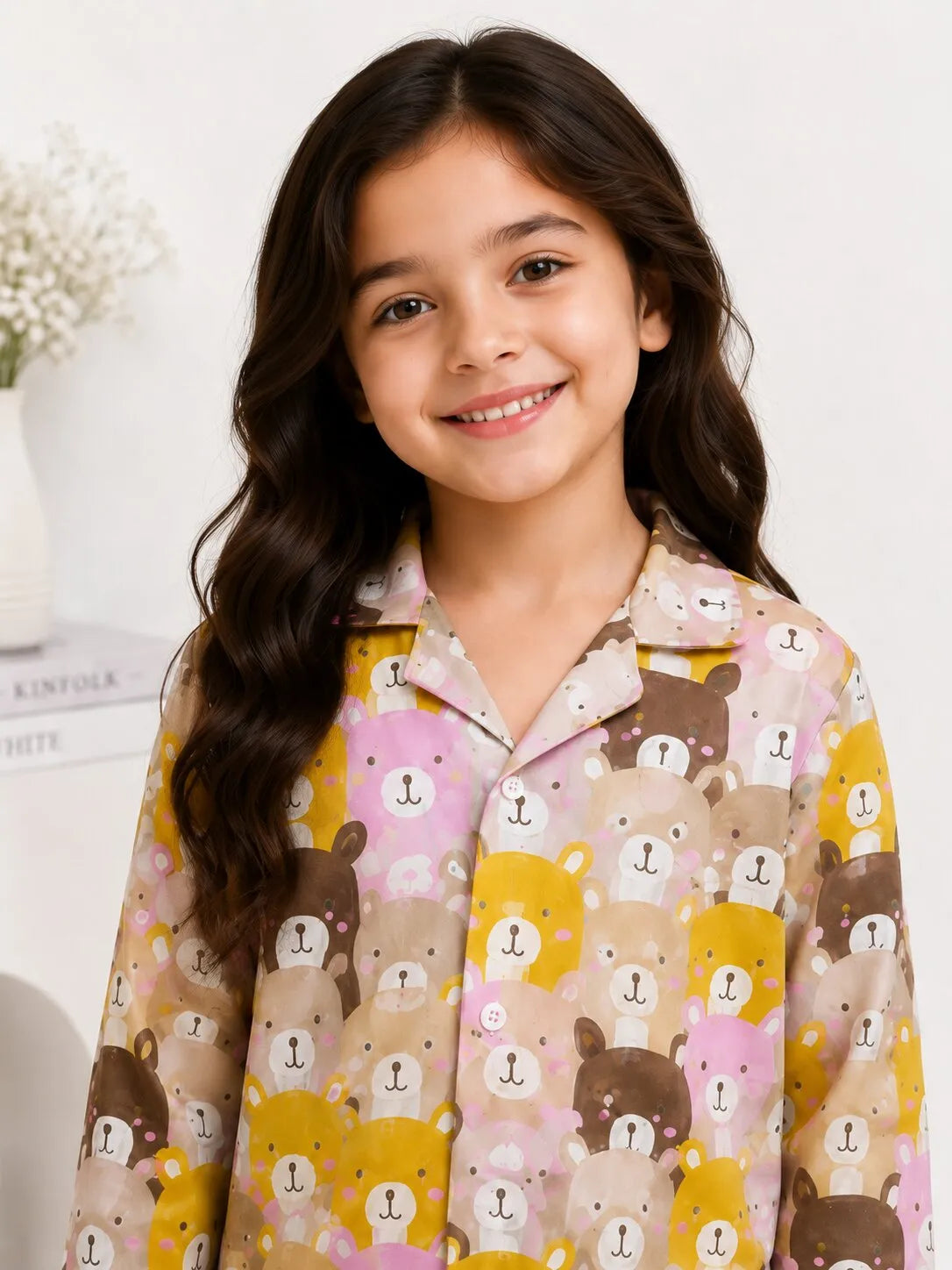 Kids Girls Full Sleeve Collared Pure Cotton Night Suit