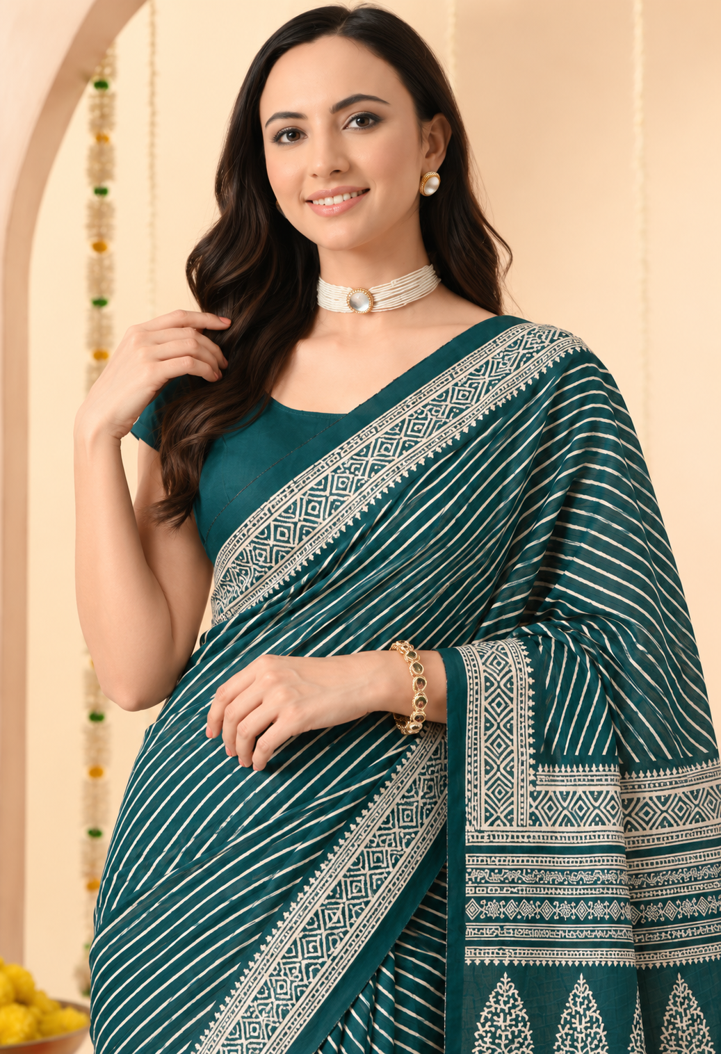 Teal Blue & Ivory Striped Printed Saree with Traditional Designer Pallu