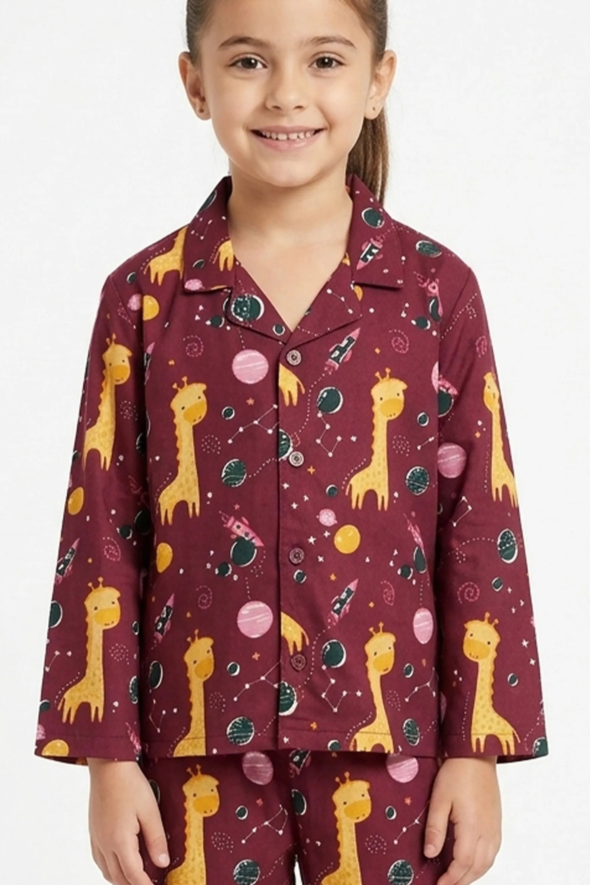 Kids Girls  Maroon & Yellow Printed Pure Cotton Night Suit