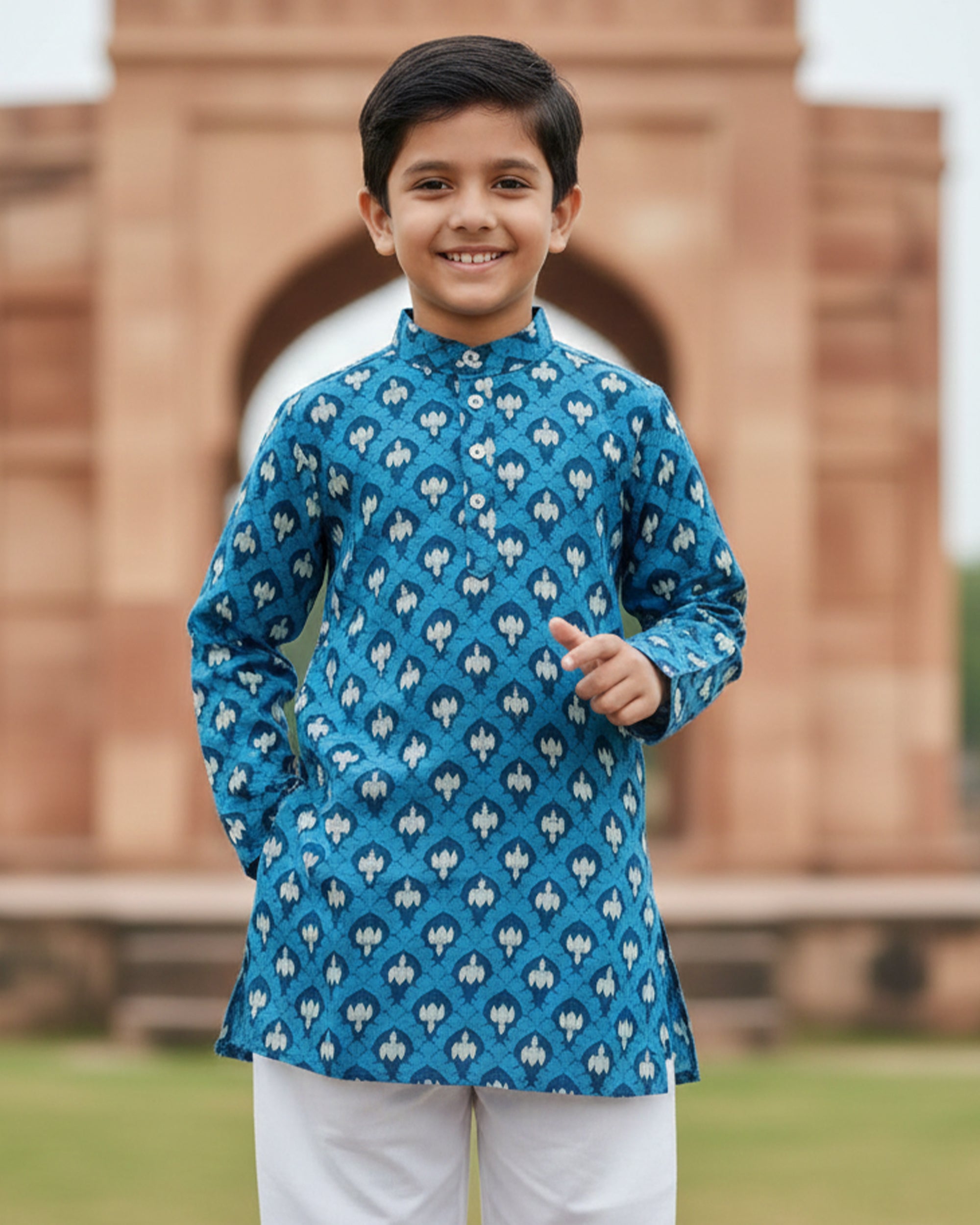 Boys' Cotton Printed Kurta with Pajama Set – Traditional Ethnic Wear for Festivals, Weddings, and Parties (Blue)