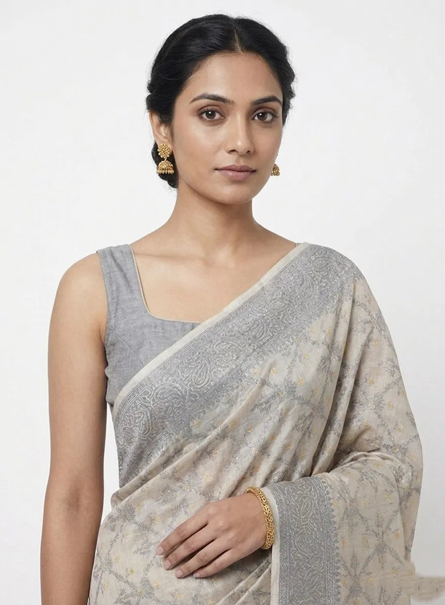 Grey & Off-White Woven Design Silk Blend Saree with Zari Border