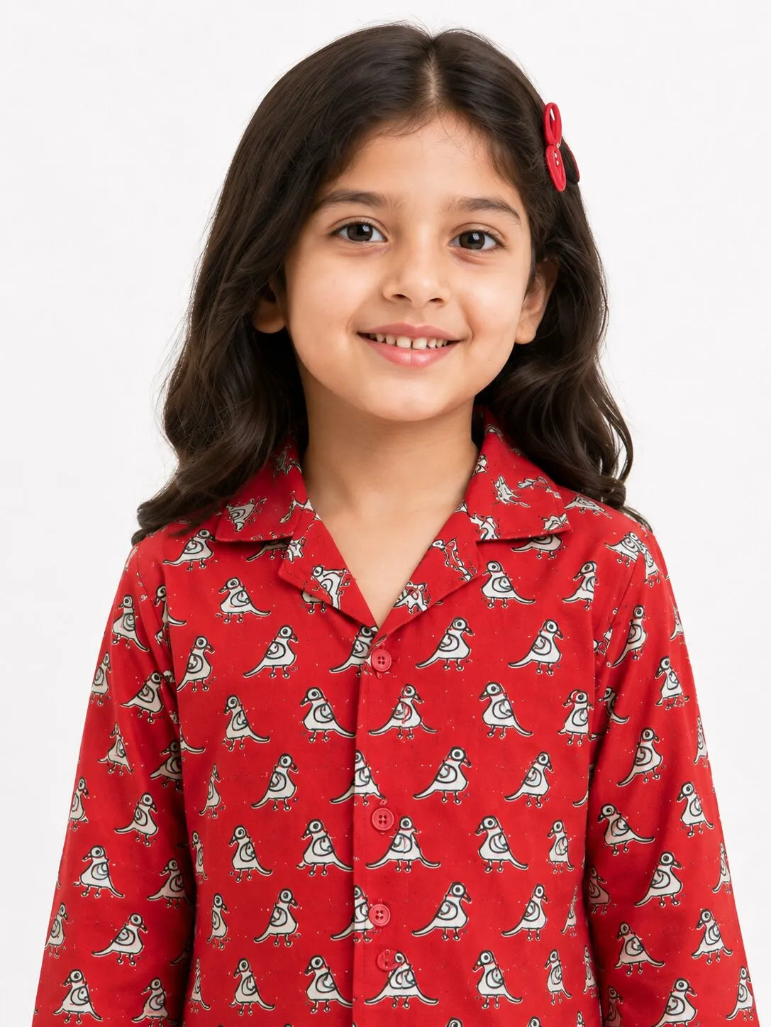 Girls Red & White Bird Print Cotton Night Suit