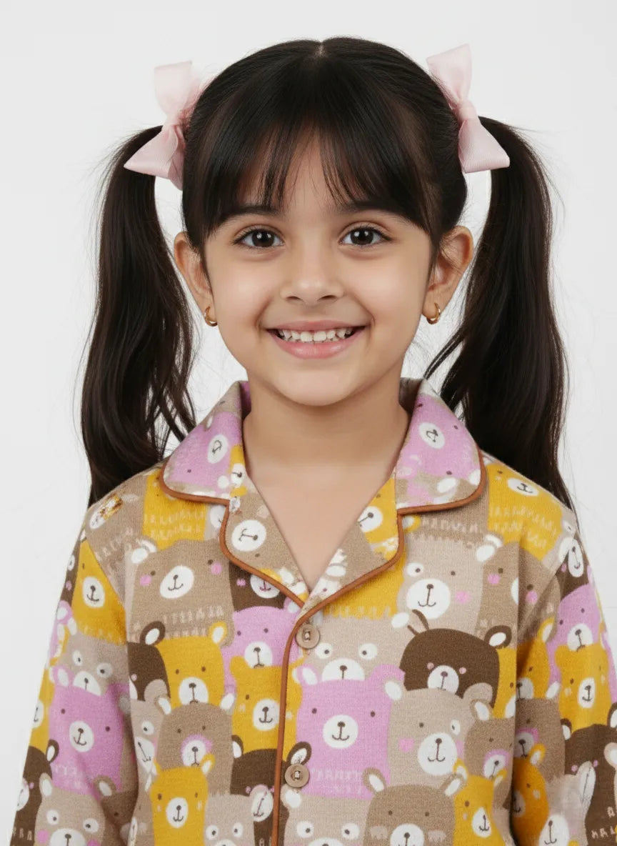 Kids Girls Full Sleeve Collared Pure Cotton Night Suit