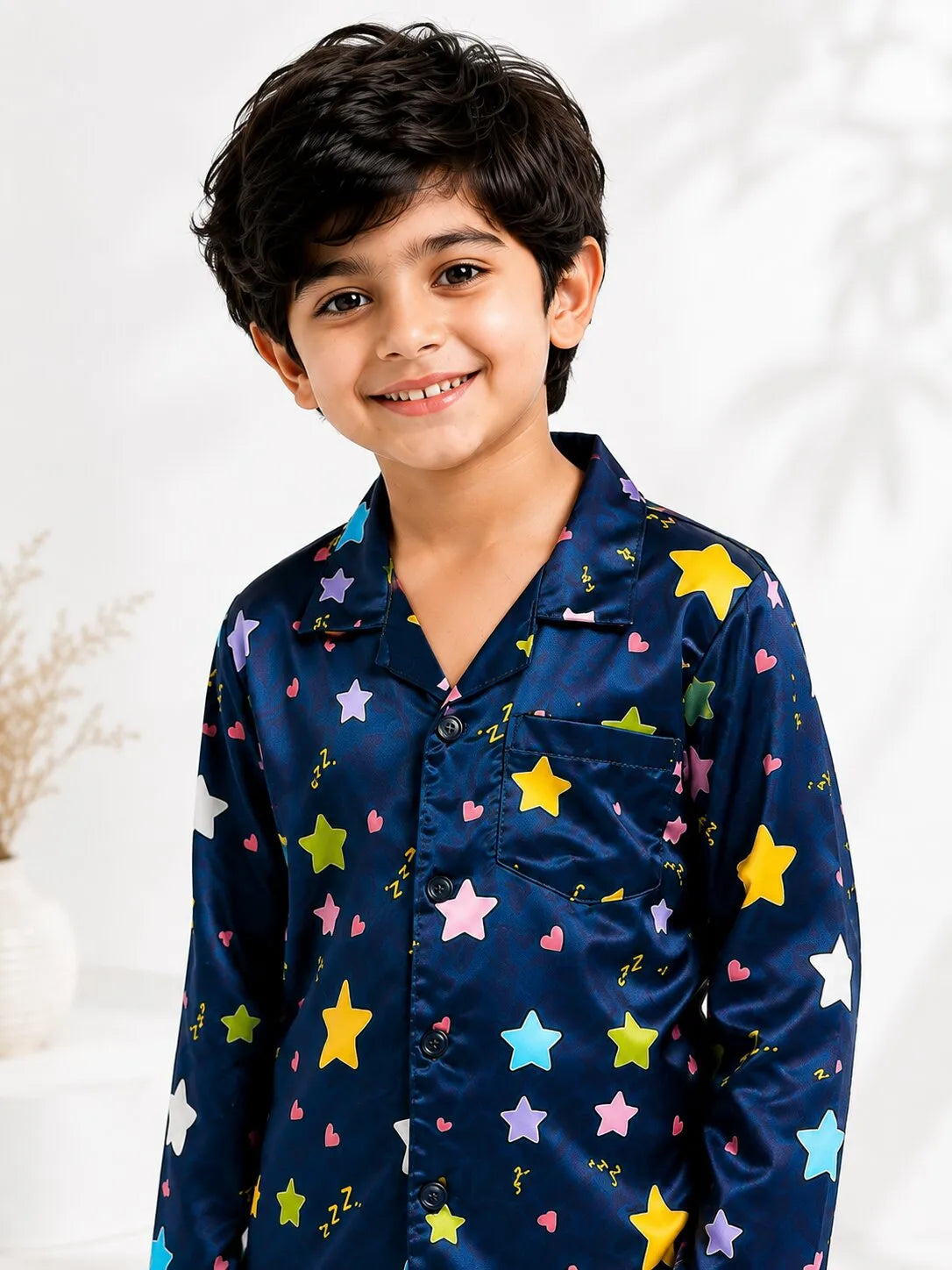 Boys Navy Blue & Multi-Colored Star Print Satin Night Suit
