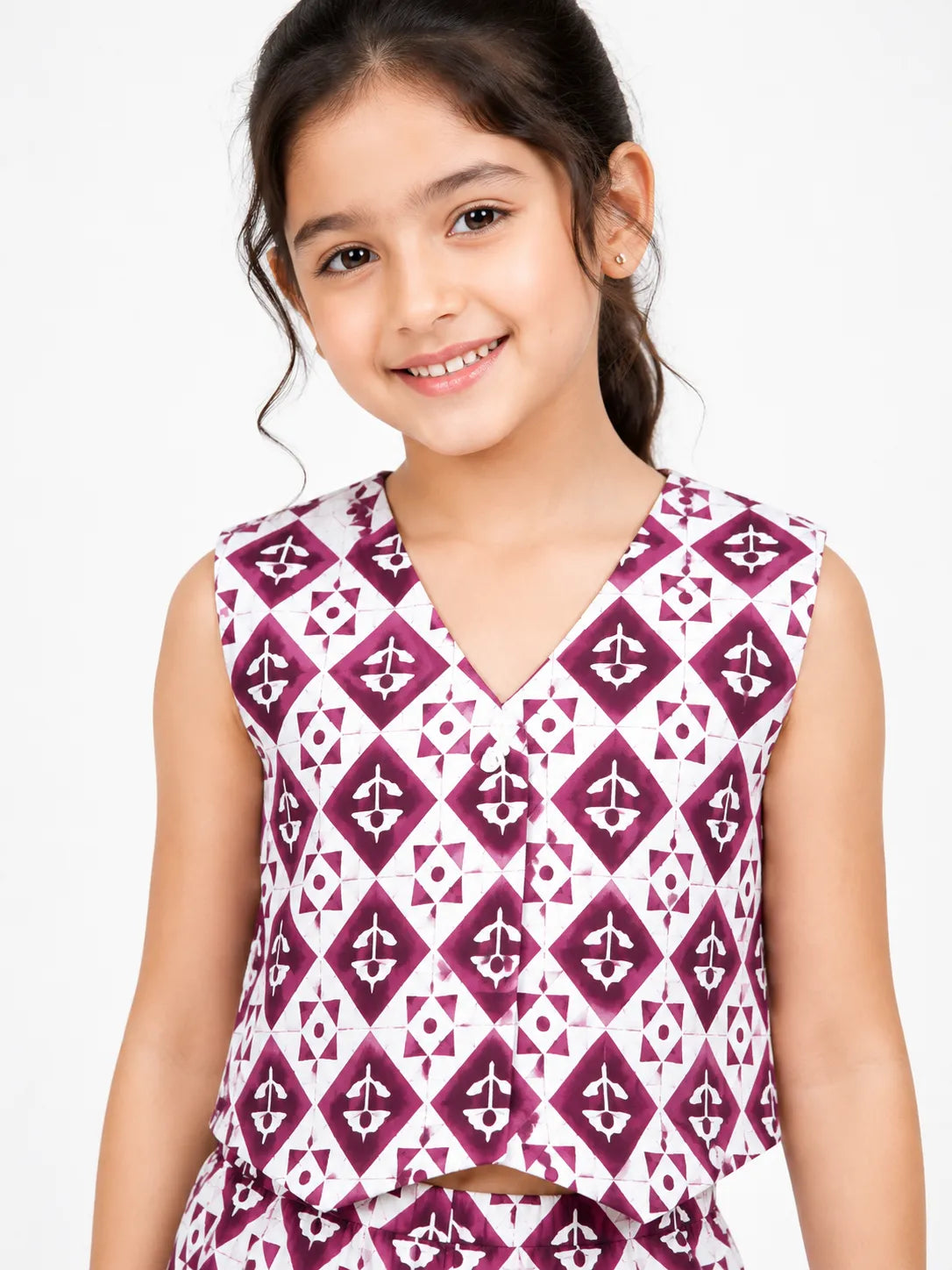 Girls' Pink Geometric Batik-Print Vest & Wide-Leg Co-Ord Set