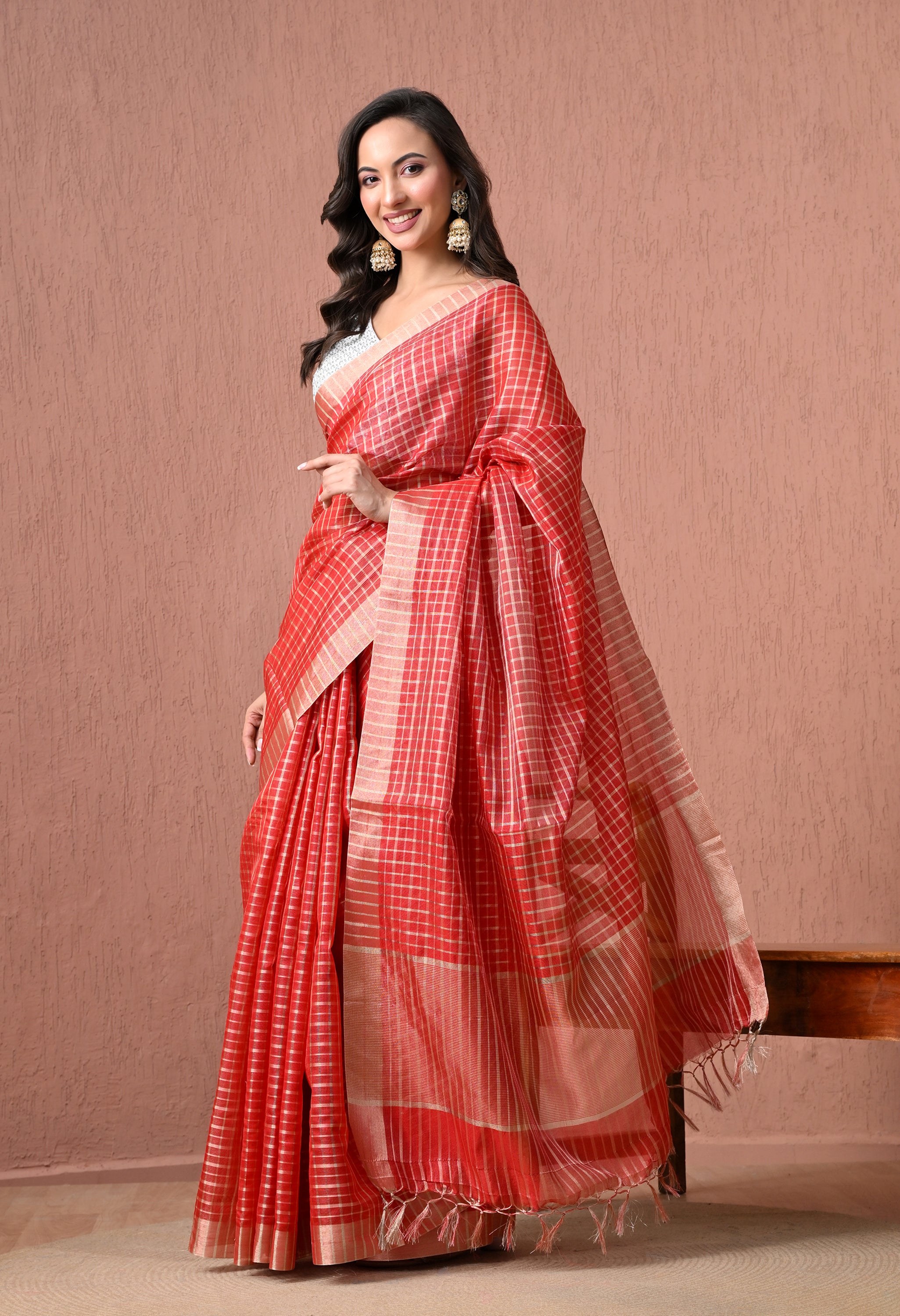 Pure Cotton Checked Saree in Vibrant Red with Zari Border