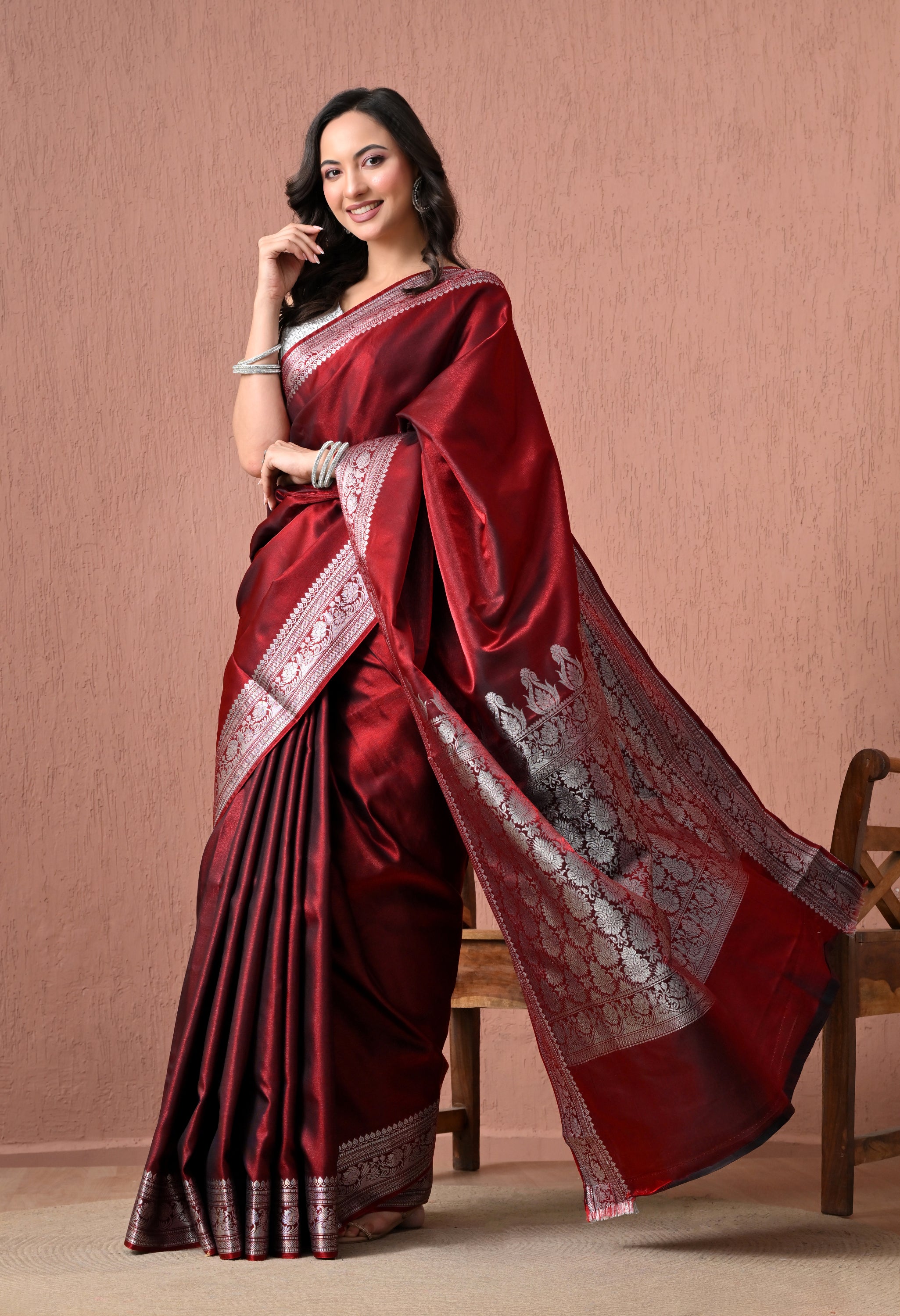 Maroon Pure Silk Banarasi Saree with Ornate Silver Zari Border