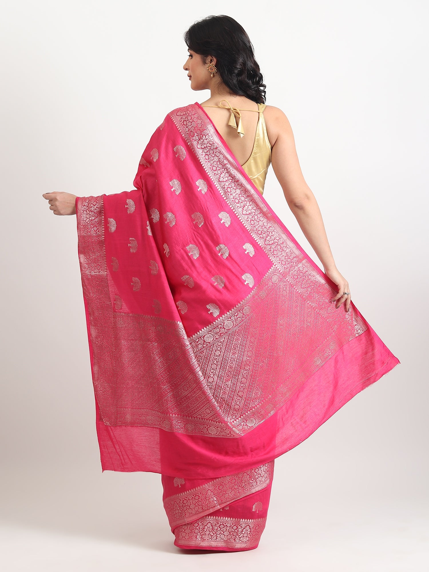 Cotton Silk Banarasi Saree With Unstitched Blouse - Hot Pink