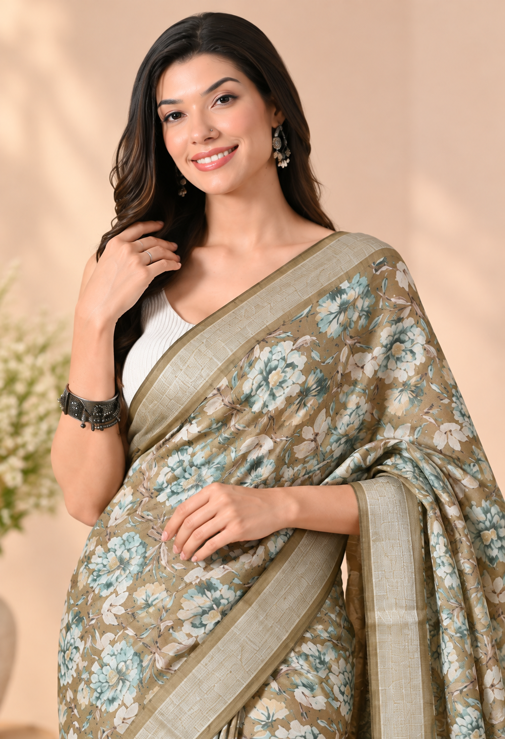 Elegant Olive Green Floral Printed Saree with Antique Gold Border