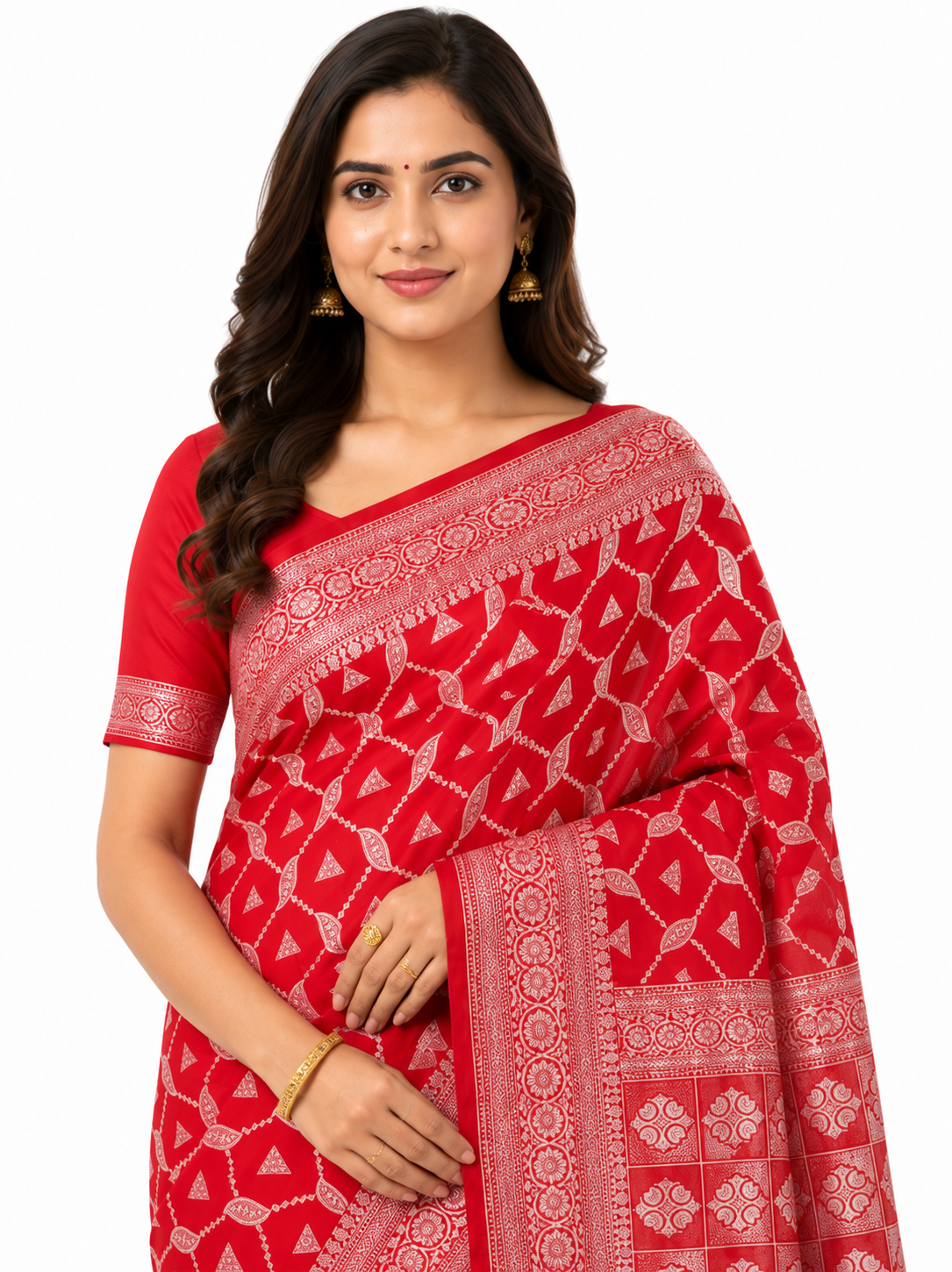 Women Red & Gold-Toned Geometric Woven Design Banarasi Saree