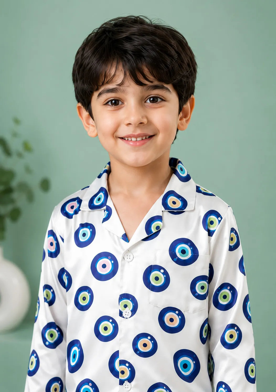 Boys' Evil Eye Printed Premium Satin Night Suit – Full Sleeve Shirt & Pajama Se