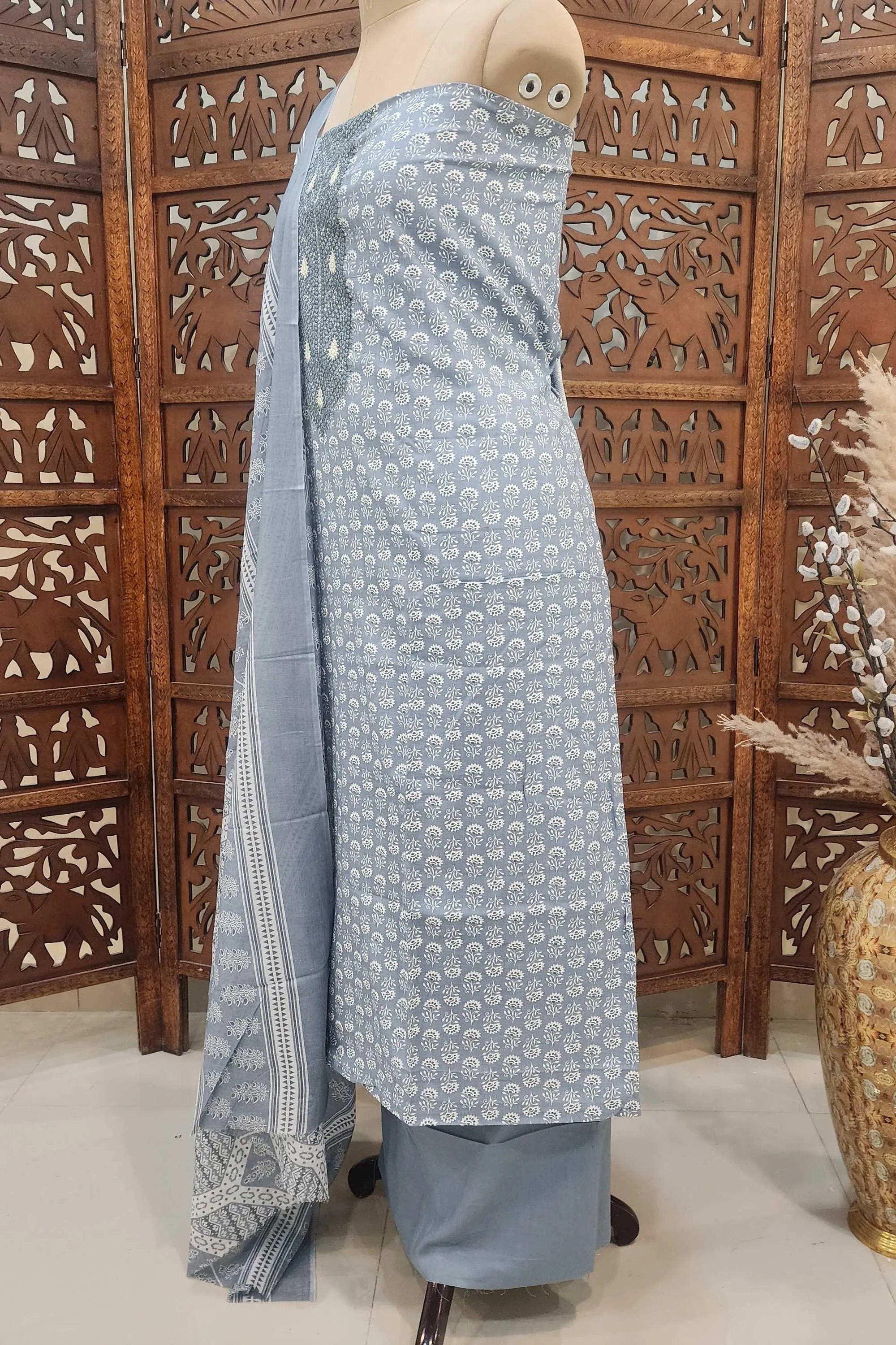 Women Powder Blue & White Floral Printed Unstitched Cotton Dress Material with Embroidered Yoke