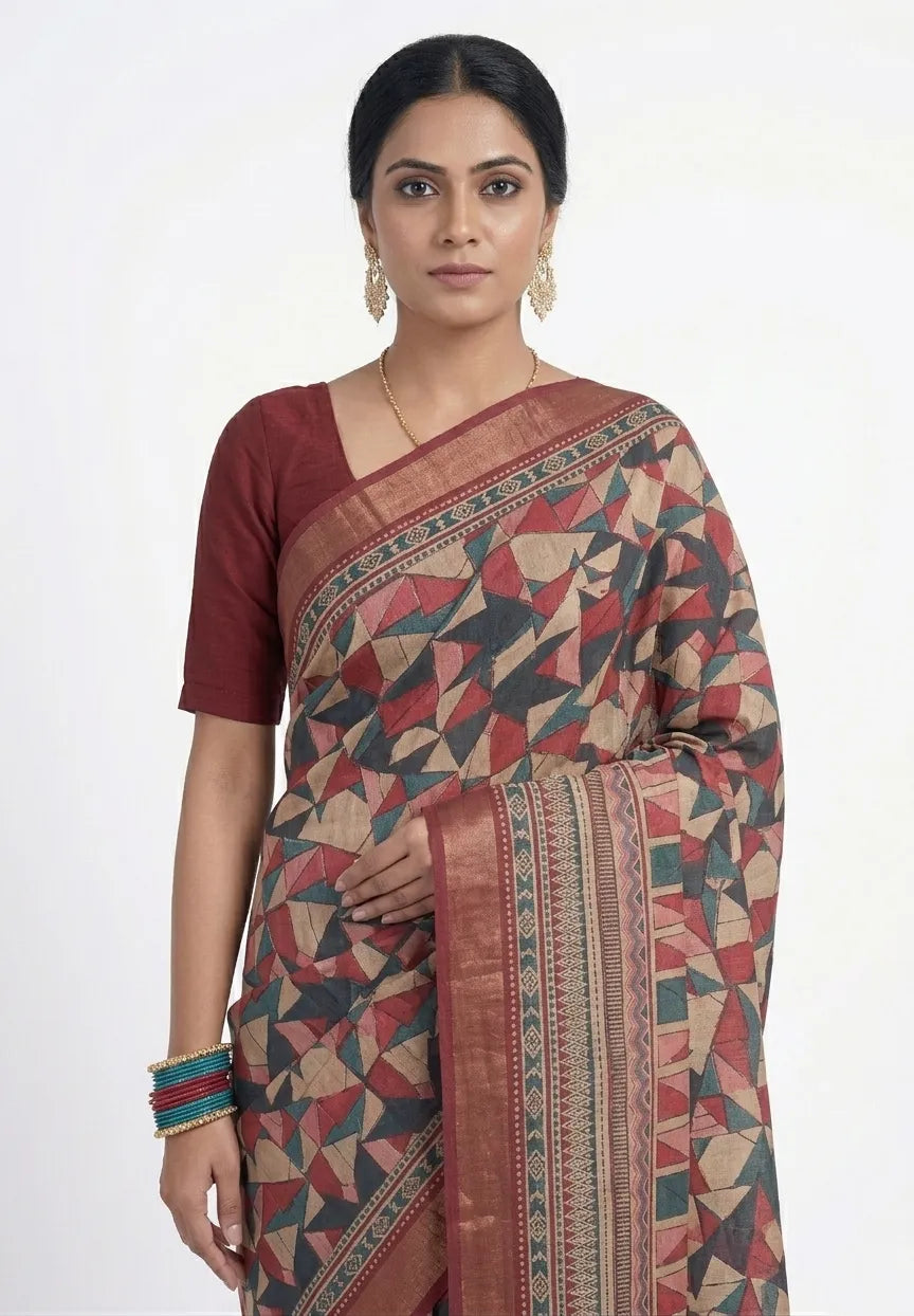 Women Maroon Geometric Printed Silk Blend Saree
