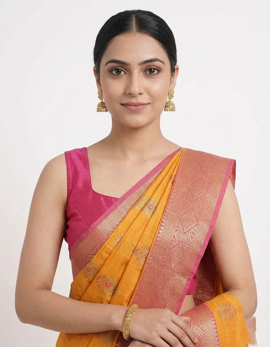 Mustard Yellow & Pink Woven Design Silk Blend Banarasi Saree