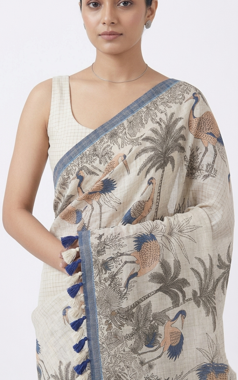 Off-White Cotton Warli Art Inspired Crane Print Saree