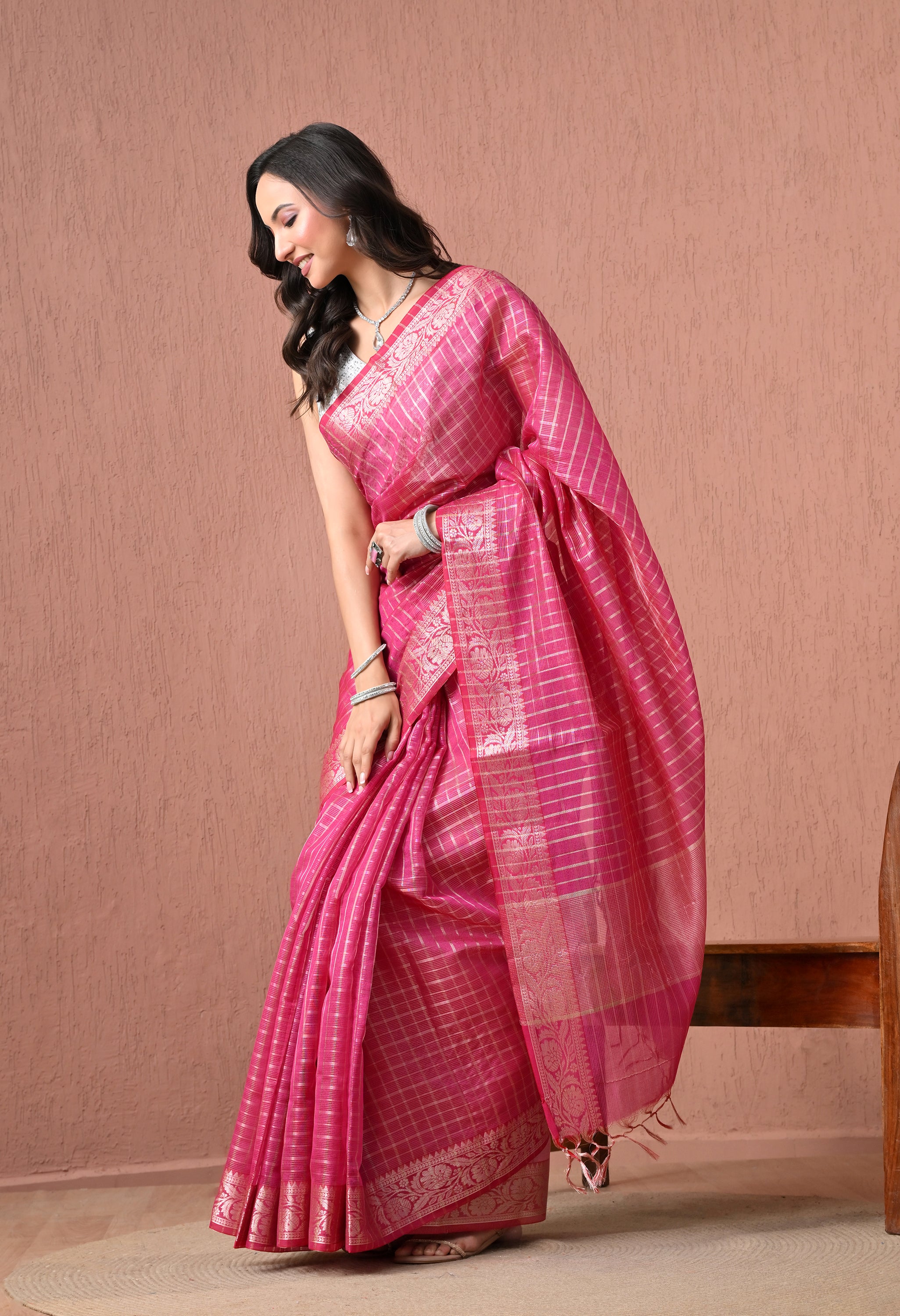 Rani Pink Cotton Saree with Silver Zari Checks and Traditional Border