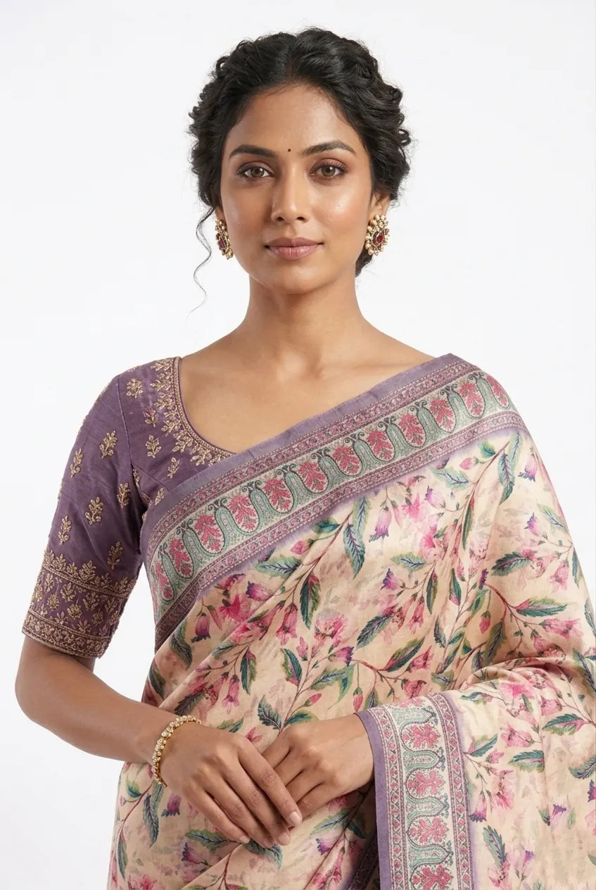 Women Beige & Purple Floral Printed Silk Blend Saree