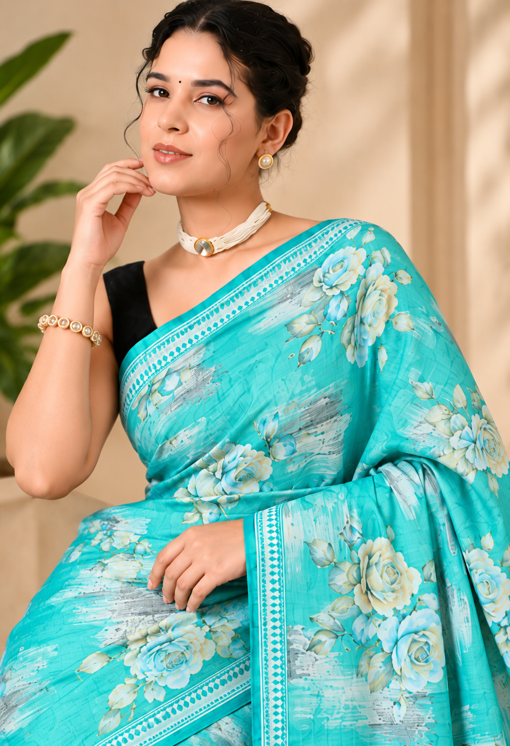 Turquoise Floral Printed Silk Blend Saree