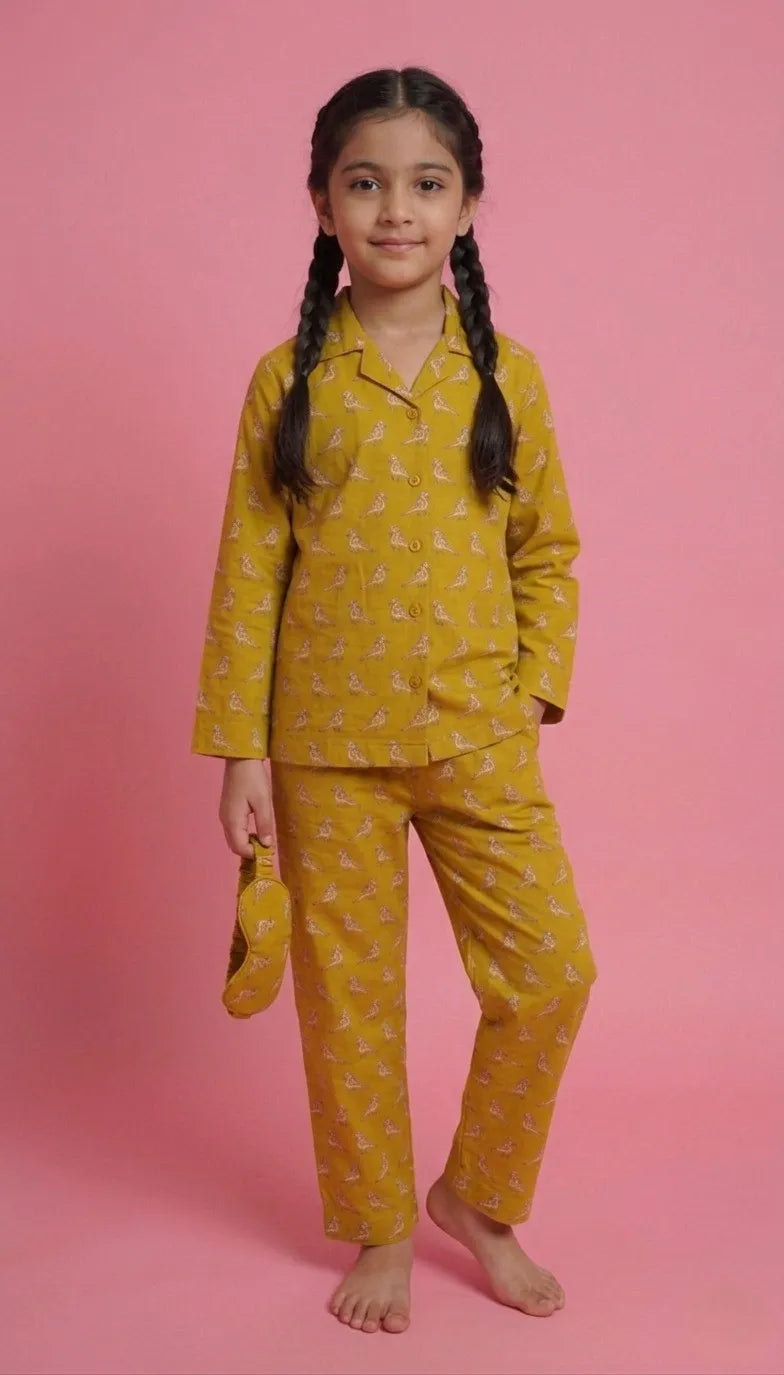 Girls Mustard Yellow & White Bird Print Night Suit