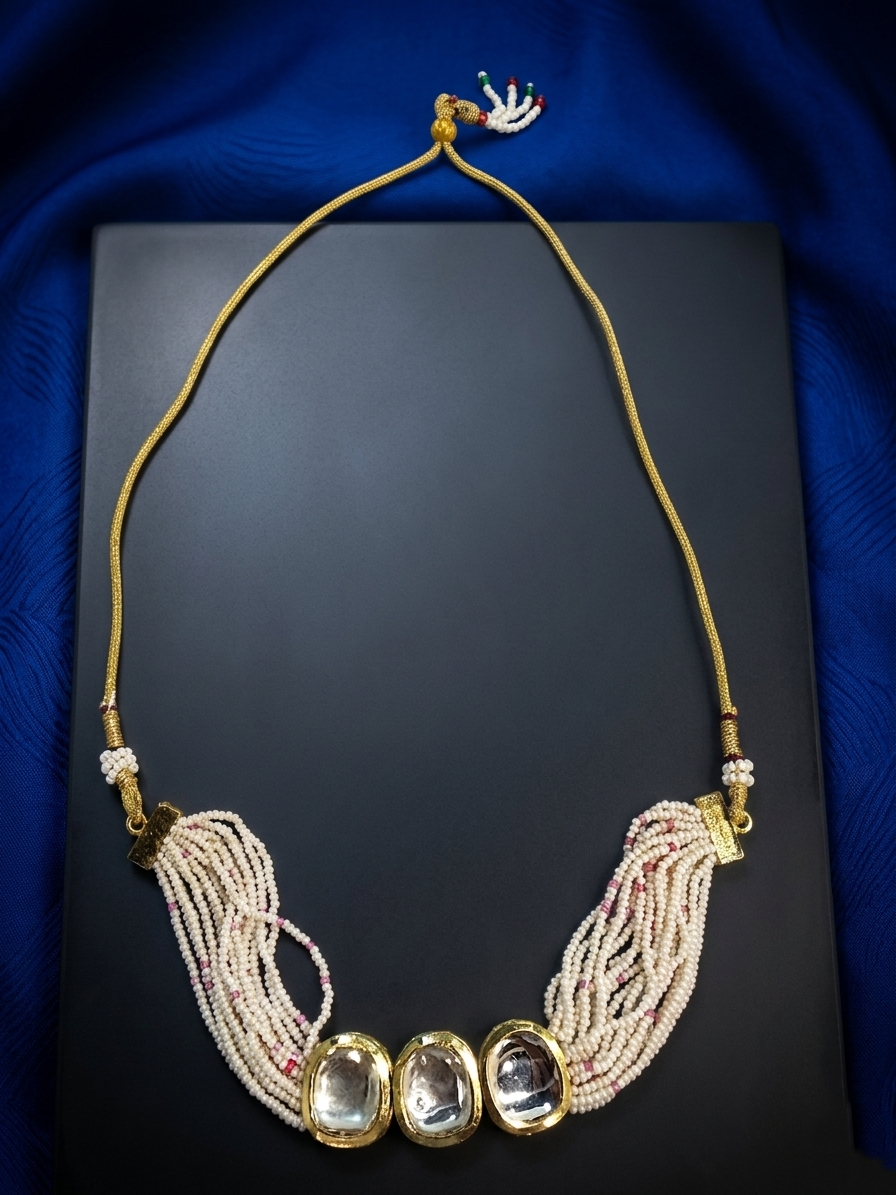 Gold-Toned & White Necklace with Multi-Strand Pearls