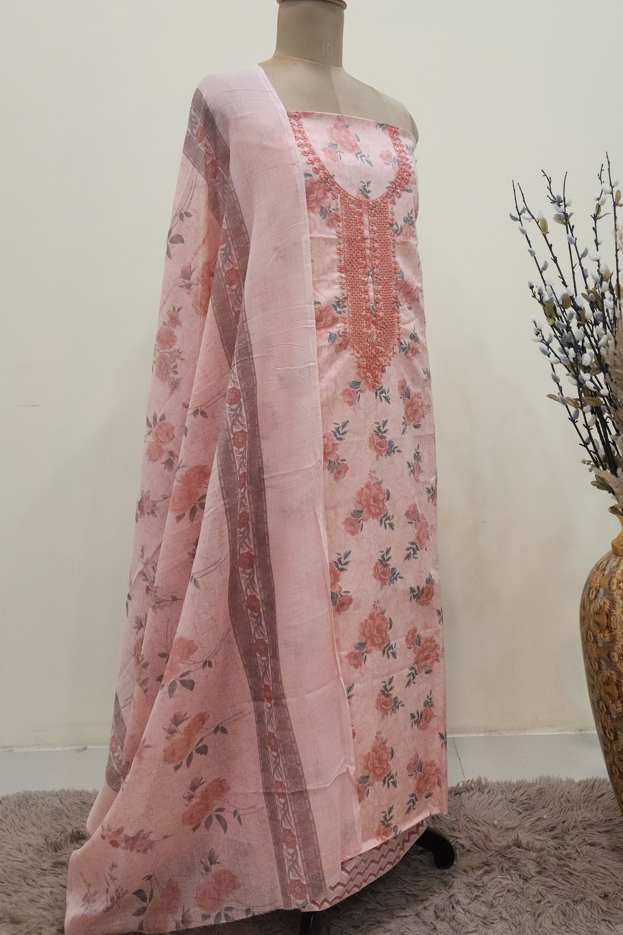 Women's Pure Cotton Peach Floral Print Unstitched Suit Set