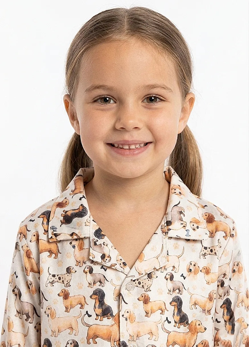 Girls Satin Dog Print Night Suit Set – Cream