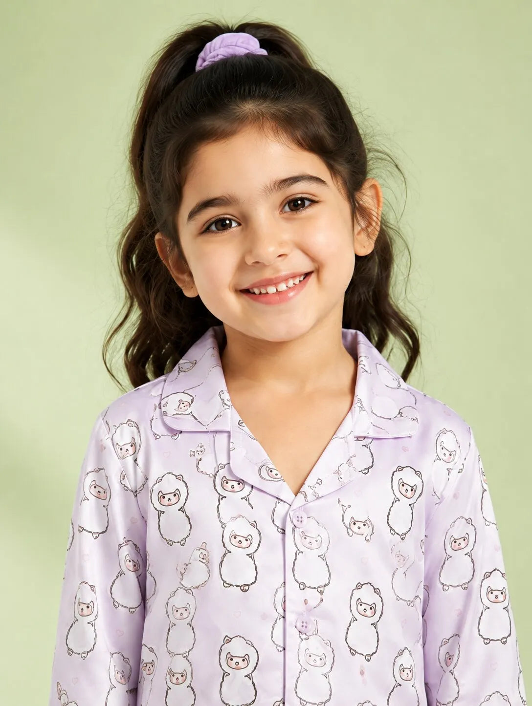 Girls Pink & White Cartoon Print Satin Night Suit Set