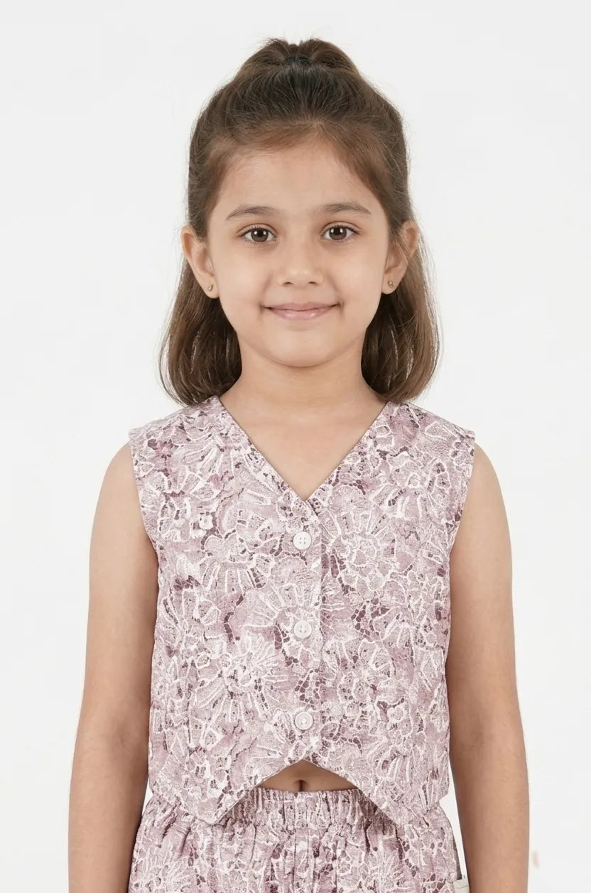 Girls Mauve & White Floral Printed Pure Cotton Co-ord Set