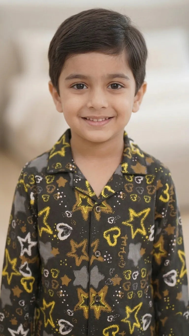 Boys Black & Yellow Star Printed Pure Cotton Night Suit
