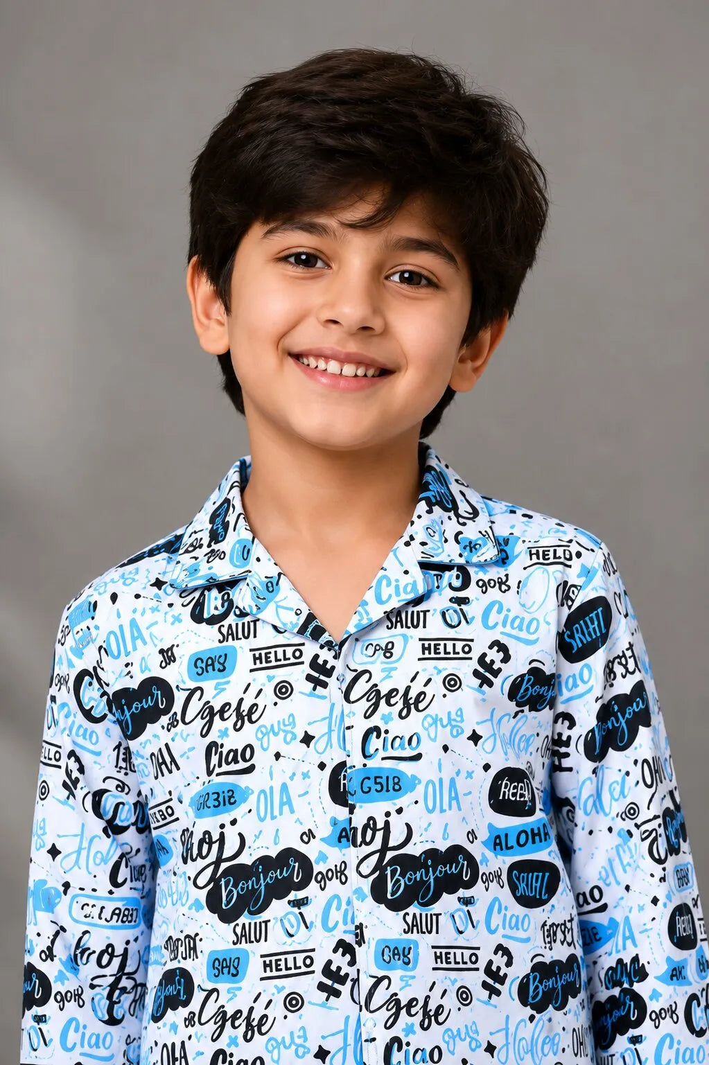 Kids' Satin "Hello" Multilingual Print Night Suit